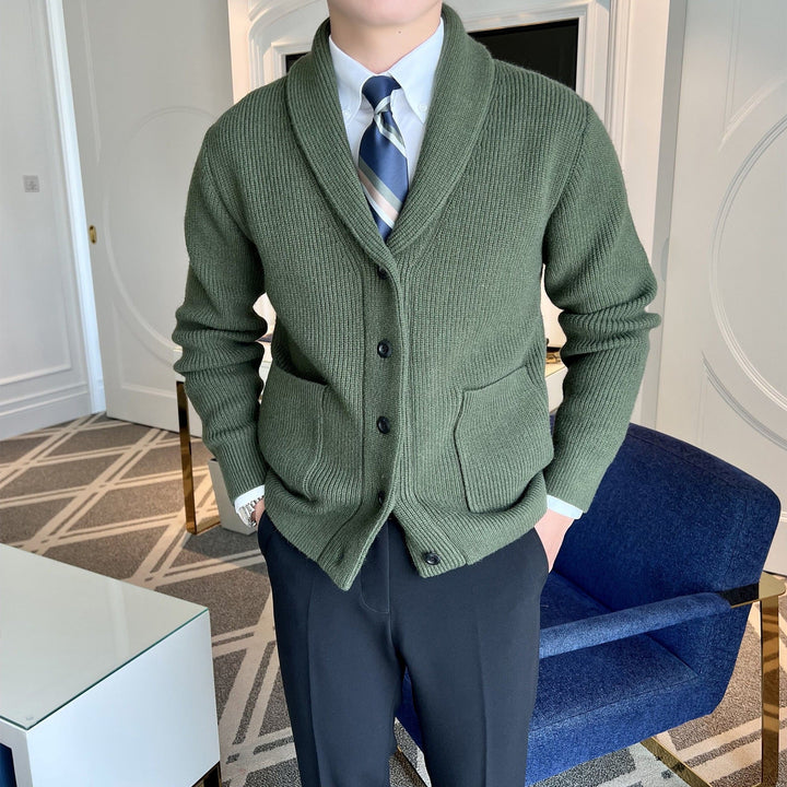 Effortless men's fall jacket, a comfortable button-front cardigan with a distinctive shawl collar for everyday style.