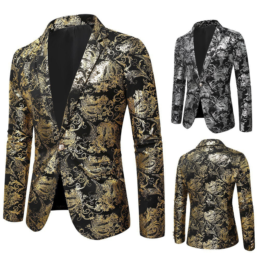 Men's elegant black blazer with a sophisticated gold pattern, perfect for special occasions & formal events.