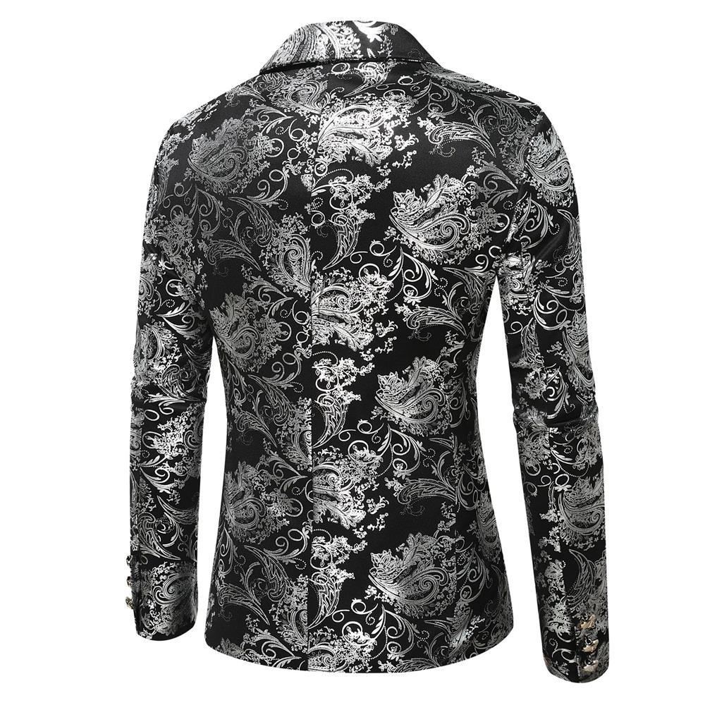 Elegant men's gold pattern blazer with a tailored fit. Luxurious black & gold formal wear for weddings & galas.