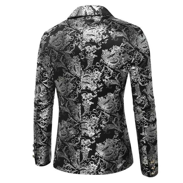 Elegant men's gold pattern blazer with a tailored fit. Luxurious black & gold formal wear for weddings & galas.