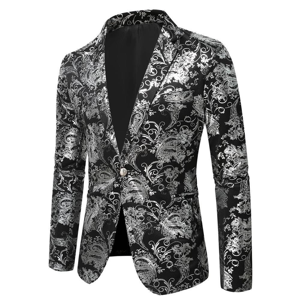 Man wearing an elegant black & gold pattern blazer, a sophisticated party jacket for special occasion events.