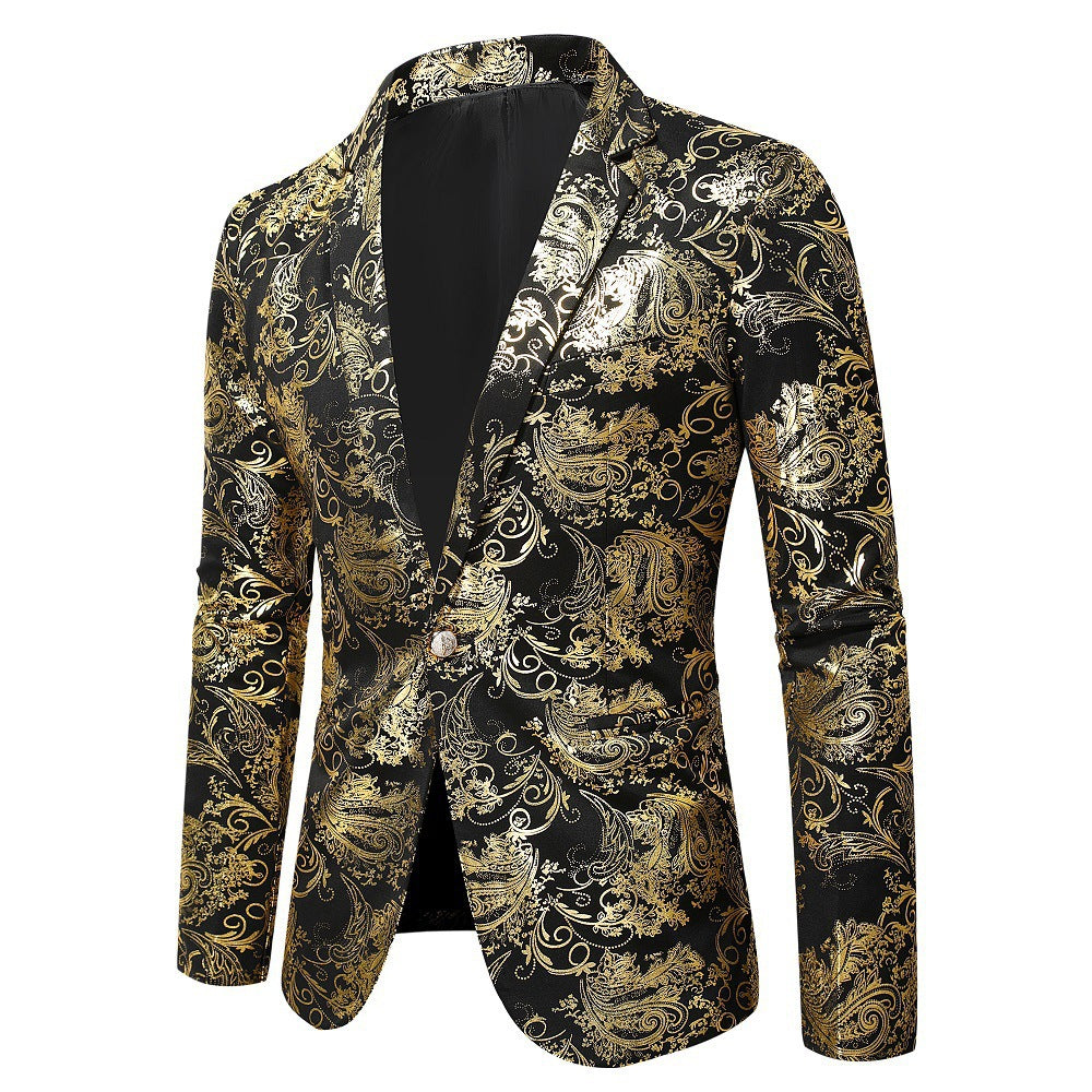 Men's elegant black blazer, gold pattern formal wear. Perfect sophisticated party jacket for proms & weddings.