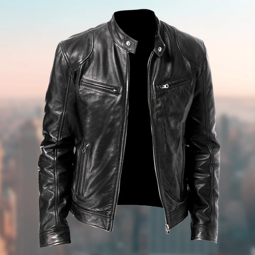 Men's elegant black leather jacket, perfect for smart casual and timeless fashion.