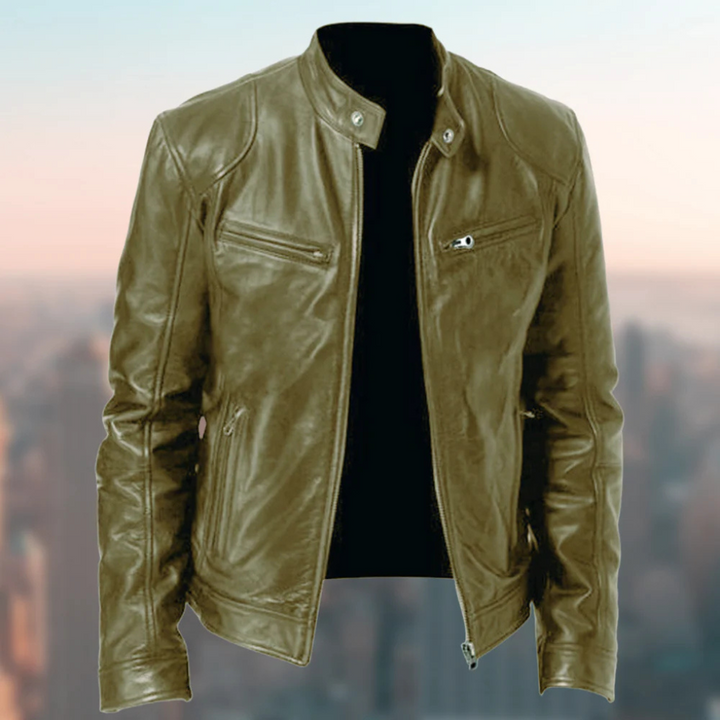 Classic men's leather jacket in black, offering an elegant and fashionable look for modern men.