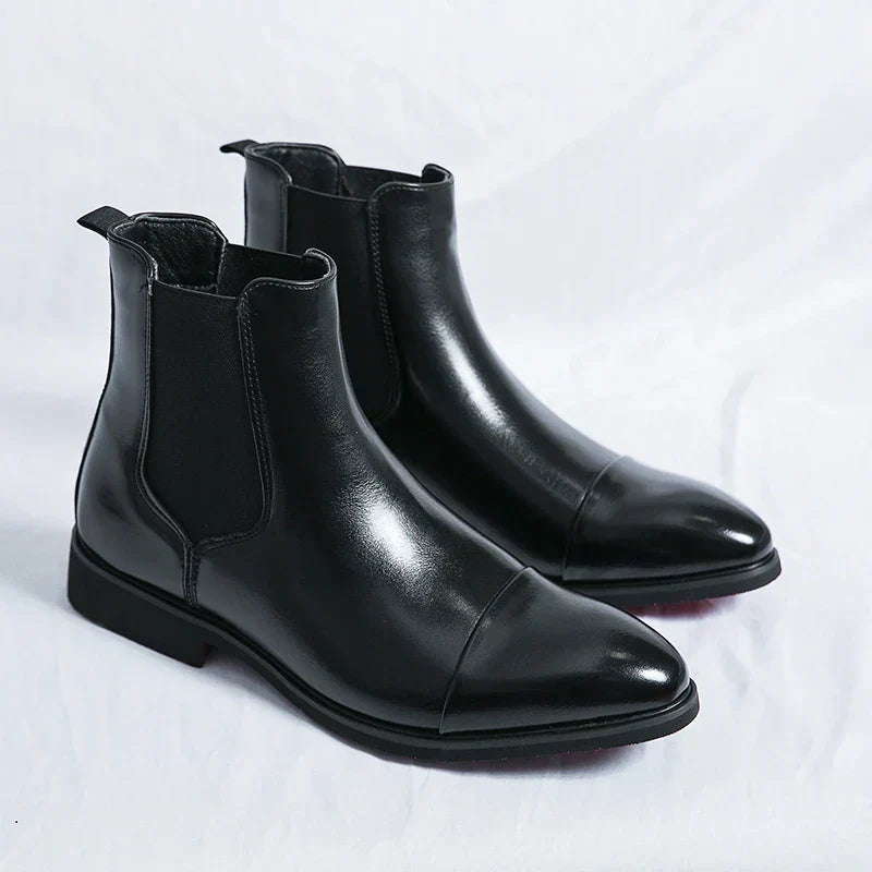 Close-up of the high-quality leather texture on men's slip-on casual boots, showcasing fine craftsmanship.