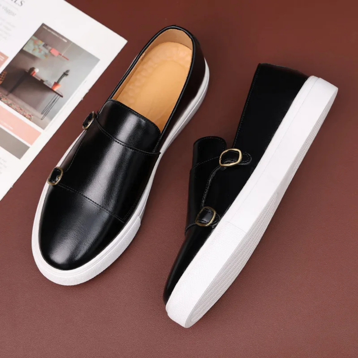 High-quality men's slip-on dress loafers with elegant buckle. Comfortable and fashionable footwear for all occasions.