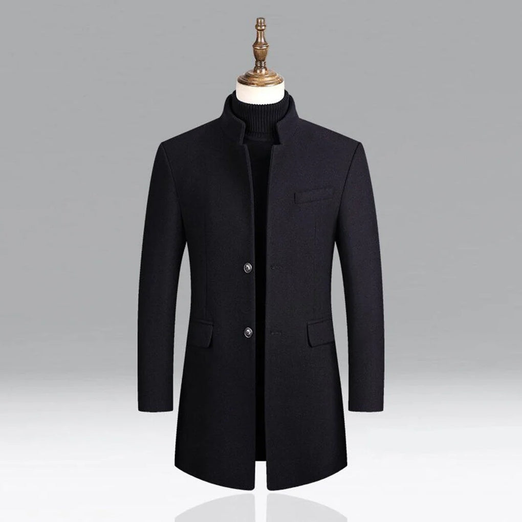 Model wearing a sophisticated men's classic long overcoat, ideal for formal business and smart casual winter style.