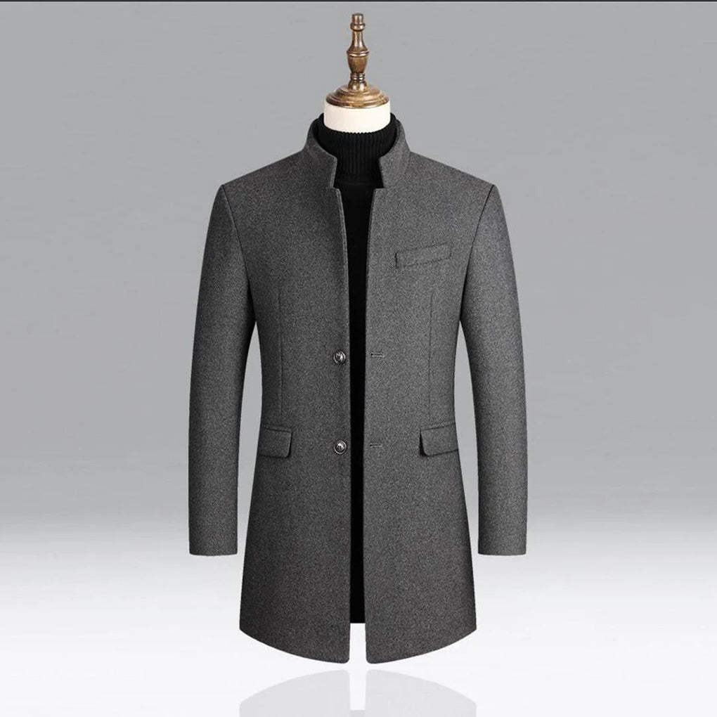 Back view of a men's classic tailored overcoat, emphasizing its elegant long cut and formal outerwear silhouette.