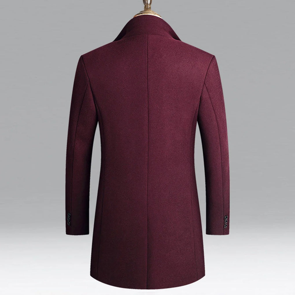 Luxurious lining and inner details of a men's elegant formal overcoat, designed for sophisticated winter comfort.