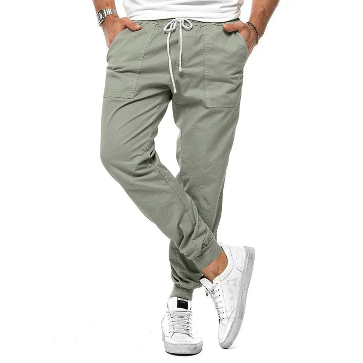 Men's elegant denim blue chino trousers, perfect for stylish comfort and versatile casual or dress wear.