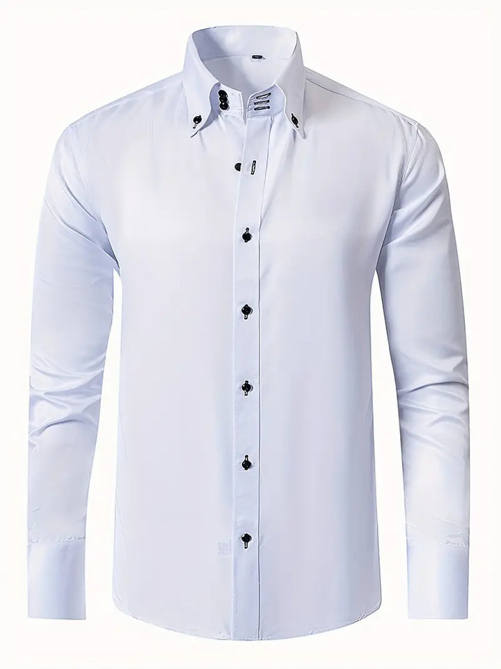 Men's elegant formal white button-up dress shirt for professional business attire & tailored fit.
