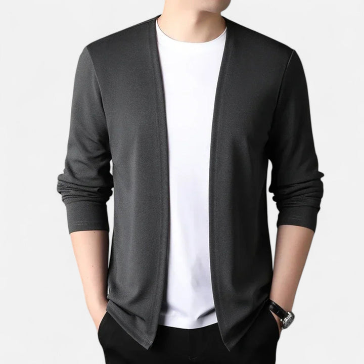 Men's sophisticated long-sleeve cardigan cloak, an elegant layering piece for refined casual style.