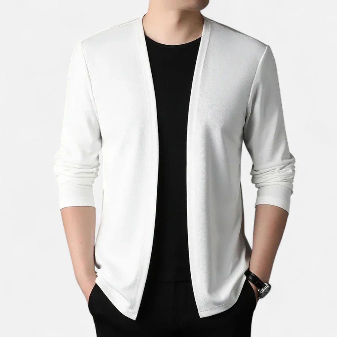 Dramatic men's cardigan cloak with long sleeves, elegant and sophisticated for autumn winter layering.