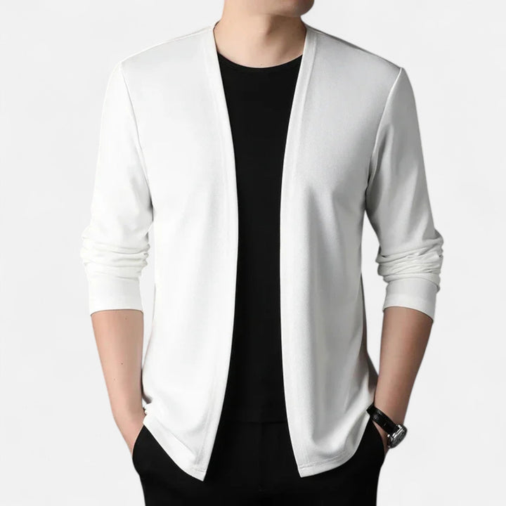Dramatic men's cardigan cloak with long sleeves, elegant and sophisticated for autumn winter layering.
