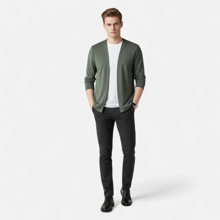 Refined men's cardigan cloak, versatile long-sleeve elegant outerwear for casual chic style.