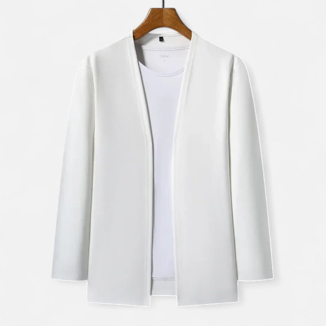 Front view of men's refined long-sleeve cardigan cloak, an elegant layering piece for autumn-winter.