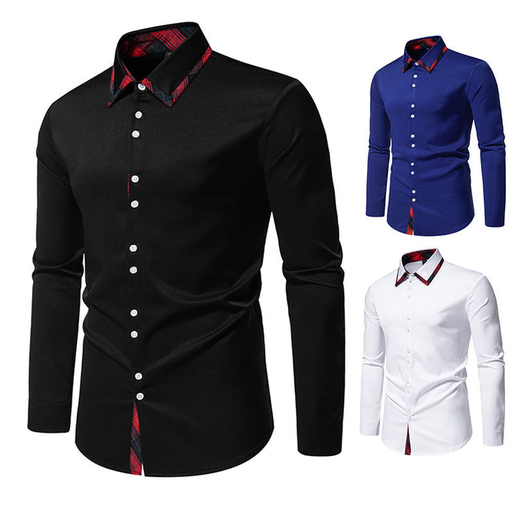 Men's elegant long-sleeve shirt with a distinctive checkered collar, perfect for business casual.