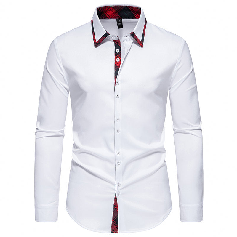Stylish men's slim-fit office shirt featuring a sophisticated checkered collar and long sleeves.