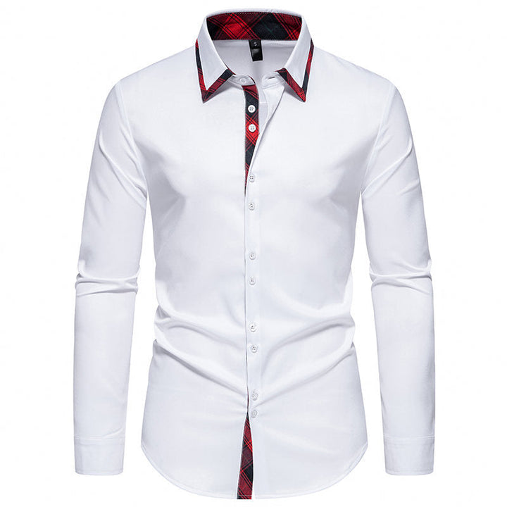 Stylish men's slim-fit office shirt featuring a sophisticated checkered collar and long sleeves.