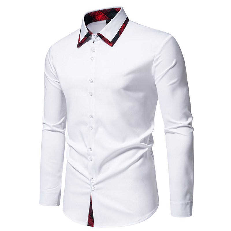 Versatile men's long-sleeve shirt, ideal for formal wear, showcasing an elegant checkered collar.