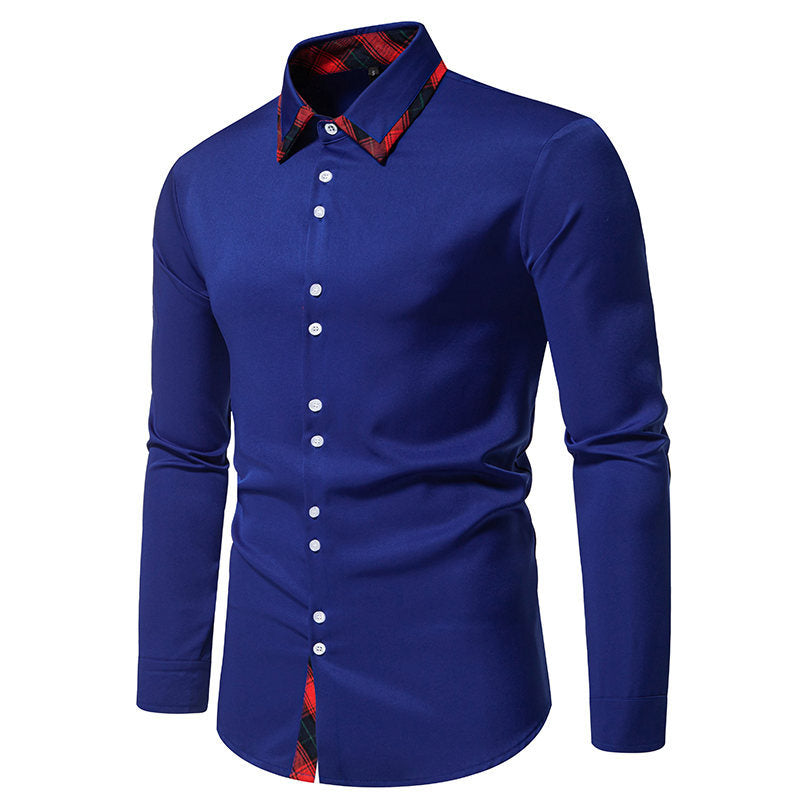 Elegant men's long-sleeve shirt; slim fit with a stylish checkered collar for a refined look.