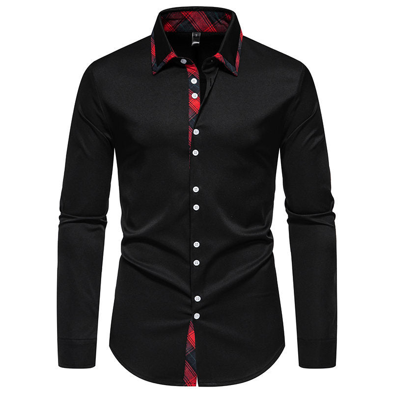Sophisticated men's business casual shirt. Features a long sleeve design and a chic checkered collar.