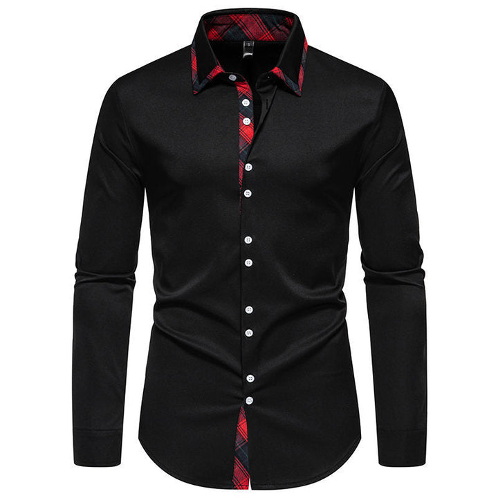 Sophisticated men's business casual shirt. Features a long sleeve design and a chic checkered collar.