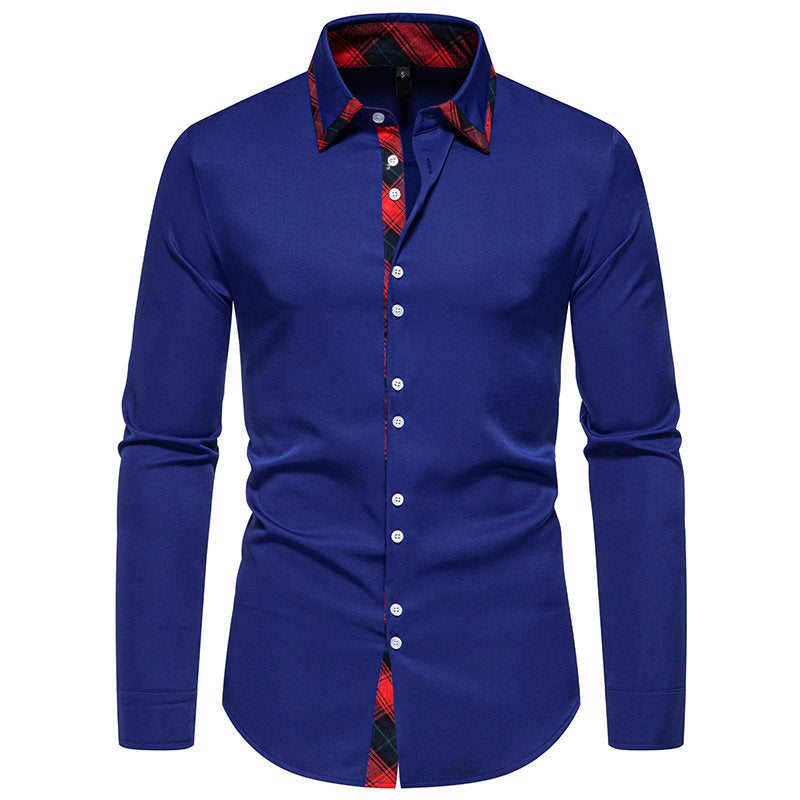 Stylish men's long-sleeve top with an eye-catching checkered collar, great for elegant fashion.