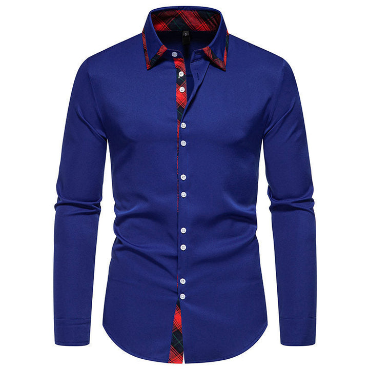 Stylish men's long-sleeve top with an eye-catching checkered collar, great for elegant fashion.