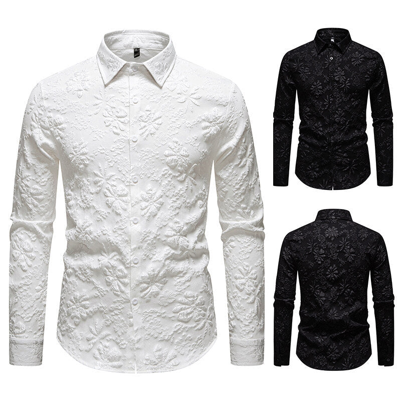 Men's elegant long sleeve shirt with intricate floral embroidery. Perfect for sophisticated casual or formal wear.