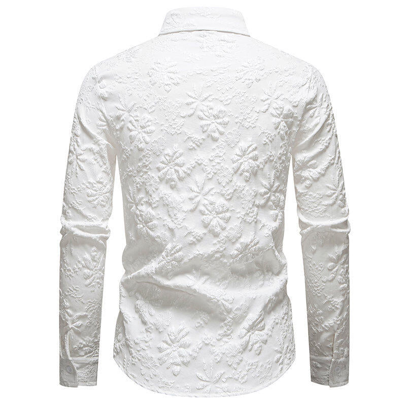 Men's fashion long sleeve shirt featuring beautiful floral embroidery, ideal for elegant and sophisticated style.