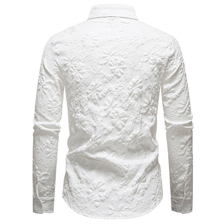 Men's fashion long sleeve shirt featuring beautiful floral embroidery, ideal for elegant and sophisticated style.