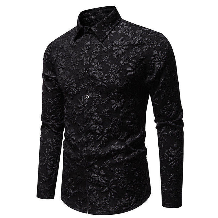 Sophisticated men's long sleeve shirt with rich floral embroidery, a versatile top for modern men.