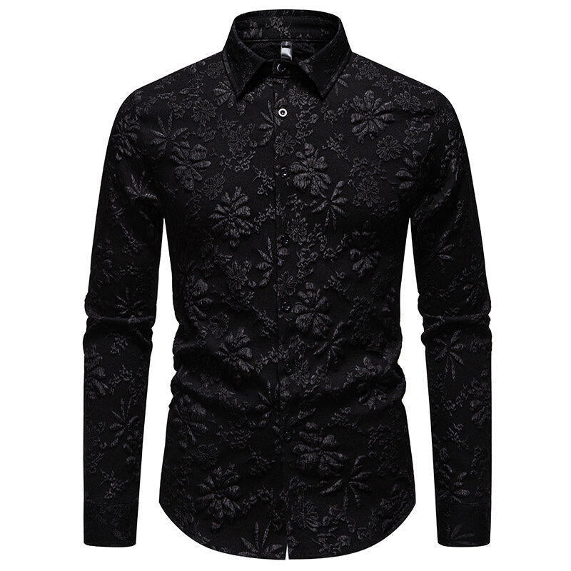 Front view of a men's floral embroidered long sleeve shirt, offering a blend of casual comfort and formal elegance.