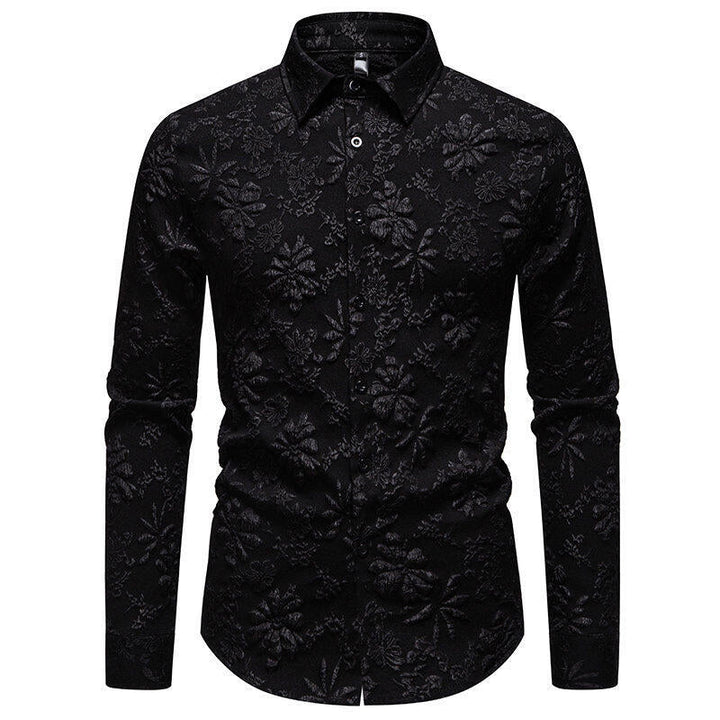 Front view of a men's floral embroidered long sleeve shirt, offering a blend of casual comfort and formal elegance.