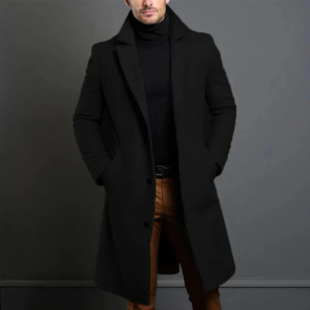 Men's elegant longline overcoat in a classic color, perfect for sophisticated cool weather business attire.