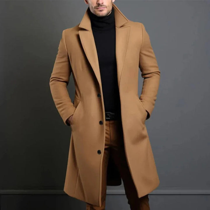 Stylish men's formal longline overcoat, ideal for winter fashion, business, or a refined cool weather look.