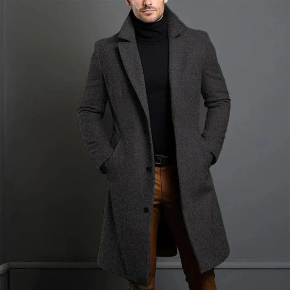 Classic men's longline overcoat for cool weather. Timeless formal outerwear, versatile for business and elegant fashion.