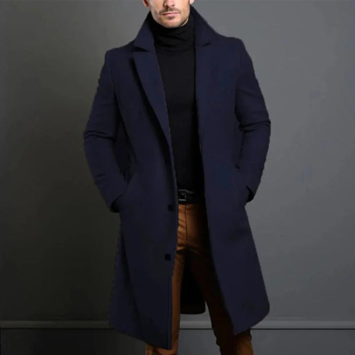 Sophisticated men's longline overcoat, an elegant jacket designed for cool weather and formal or business occasions.