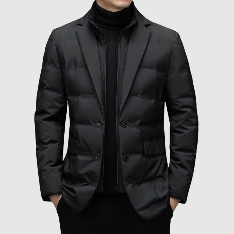 Men's elegant padded winter jacket with down filling. Stylish & warm outerwear for cold weather.