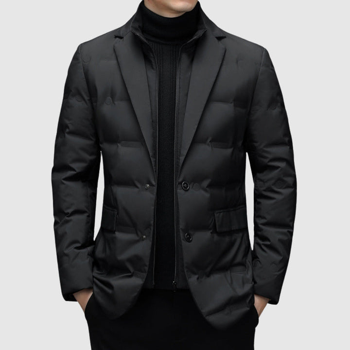 Men's elegant padded winter jacket with down filling. Stylish & warm outerwear for cold weather.