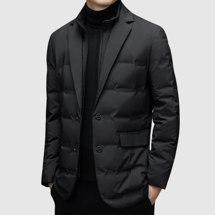 Men's warm padded winter coat with stylish stand collar. Insulated & elegant for cold weather protection.
