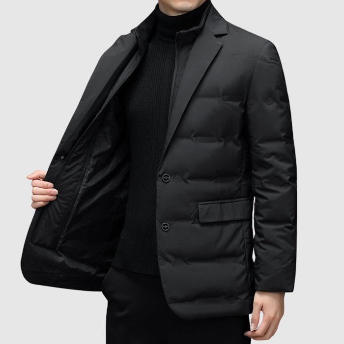 Premium men's elegant padded winter jacket, designed for ultimate warmth & style in cold weather conditions.