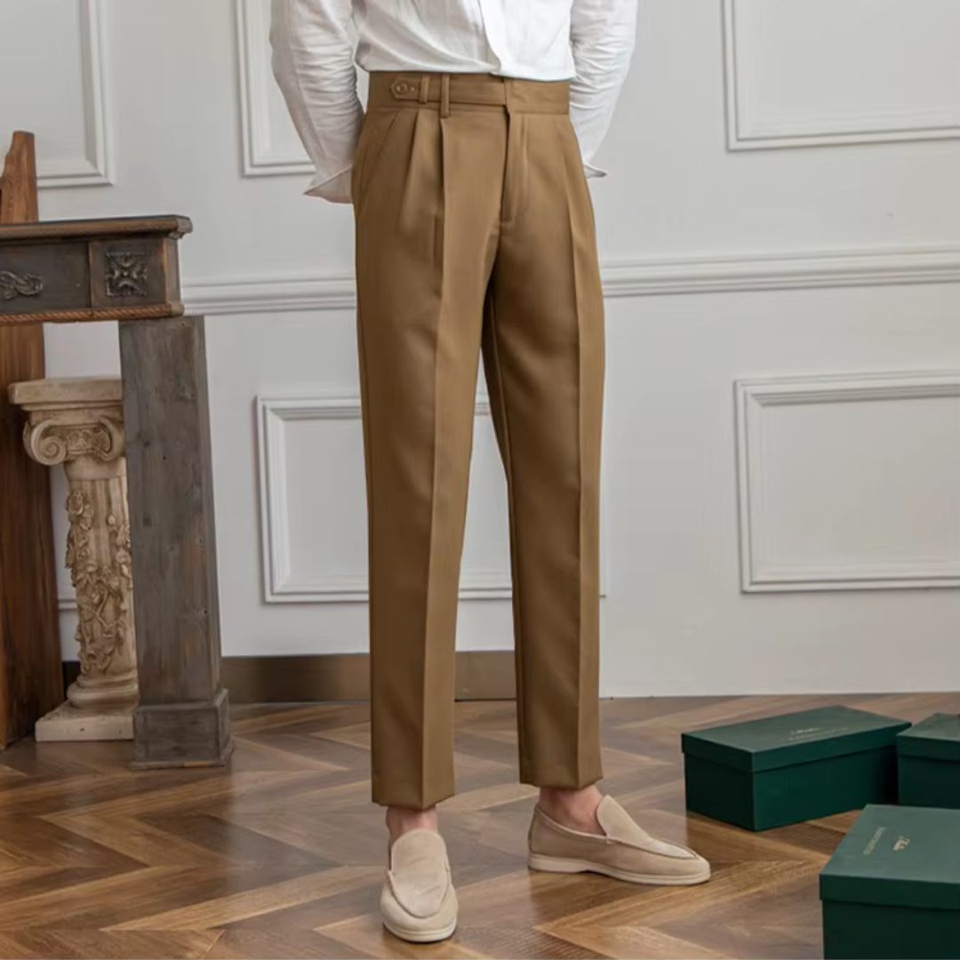 Fashionable camel men's pleated dress pants, perfect for formal or smart casual wear.