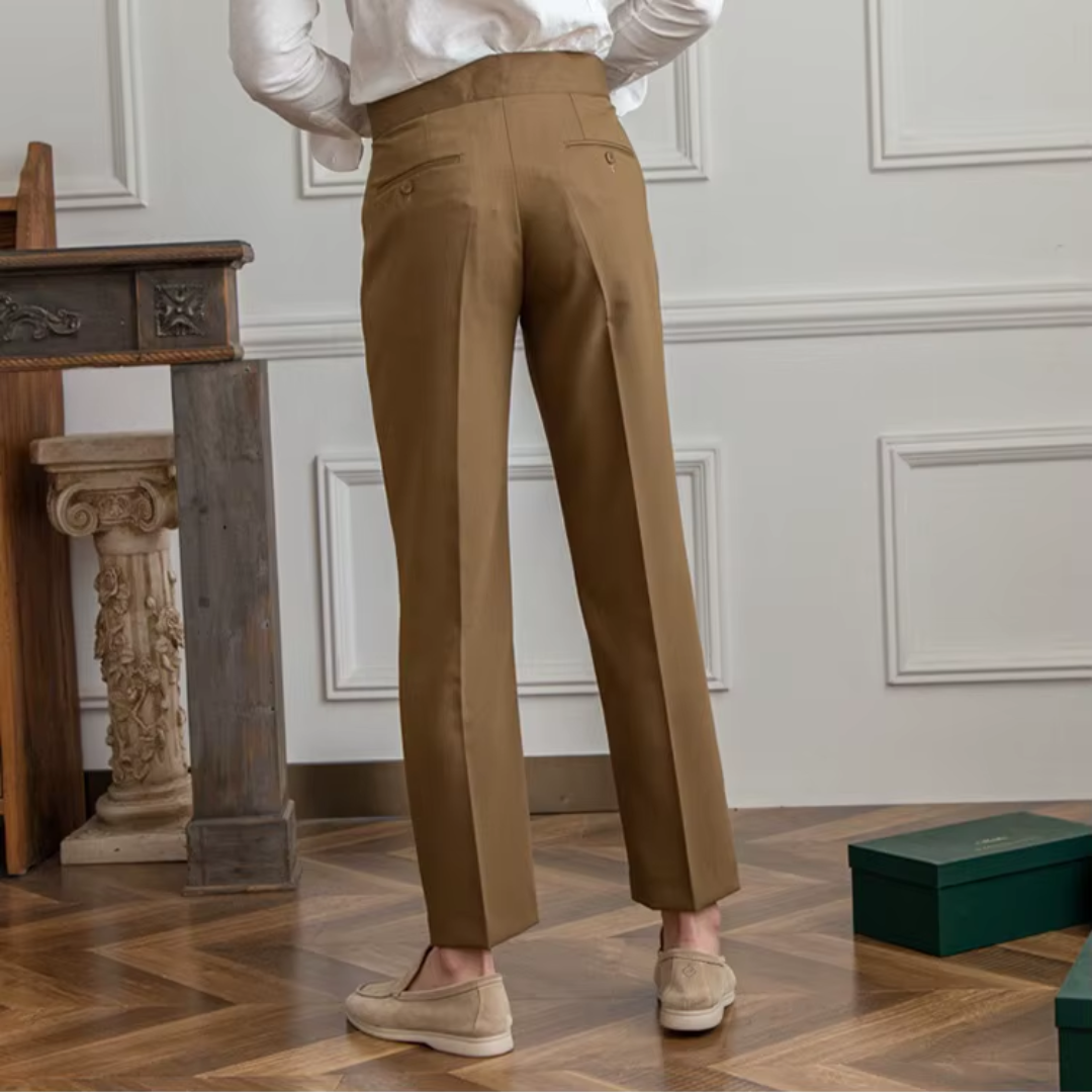 Men's beige pleated trousers, classic design for versatile business and casual fashion.