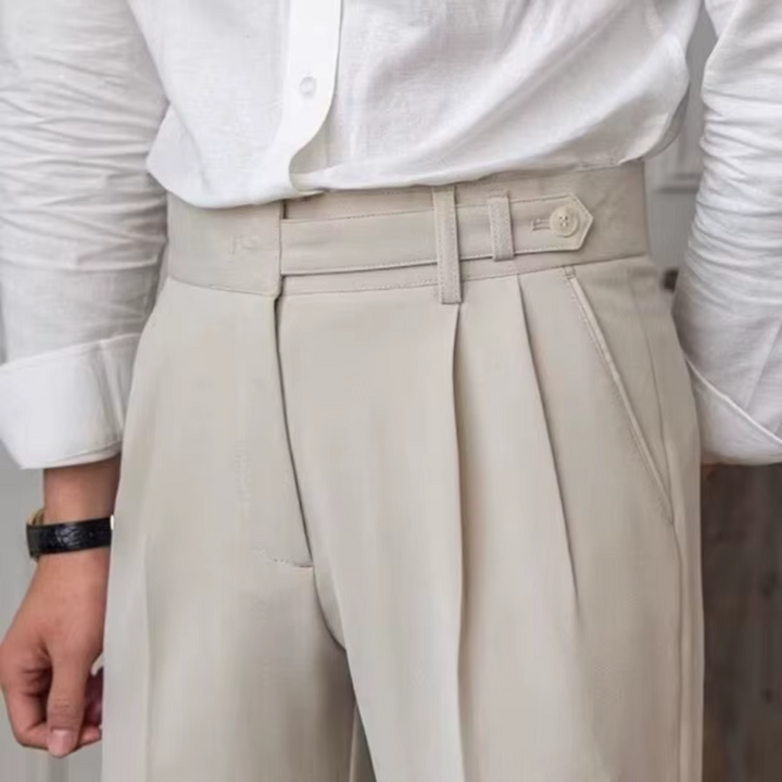 Classic black men's dress pants, pleated design, perfect for formal events & professional look.