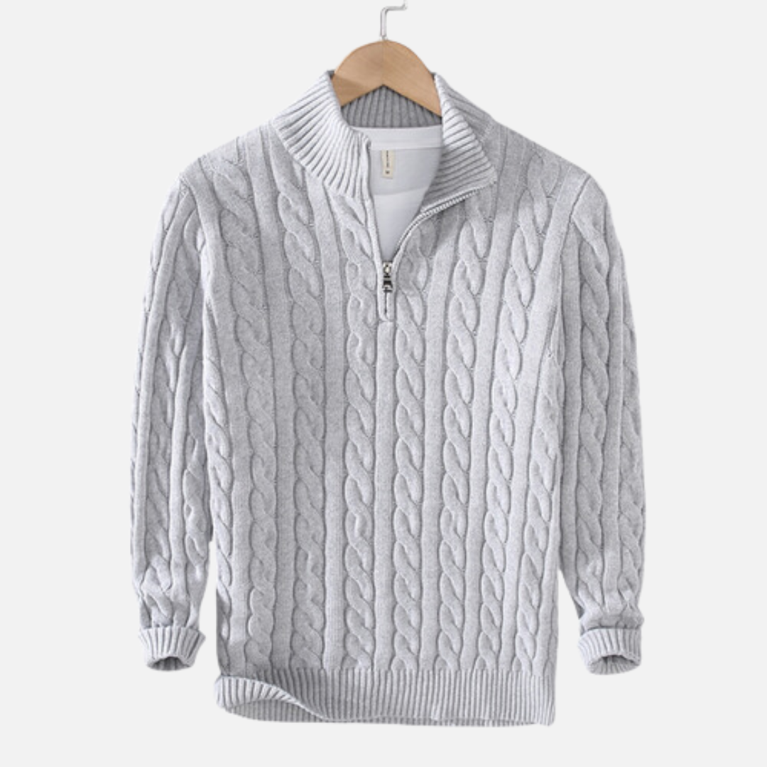 Men's elegant quarter zip cable knit sweater, a stylish pullover for winter wear & layered looks.
