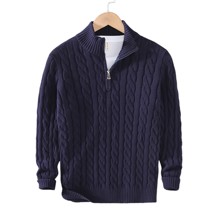 Stylish men's cable knit quarter zip pullover sweater. A warm, casual top for smart winter fashion.