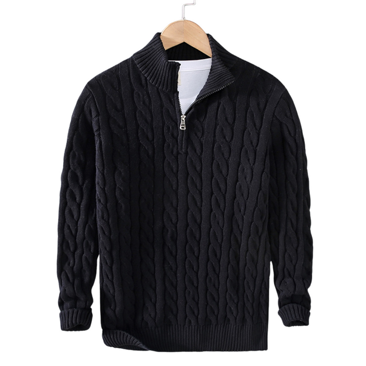 Warm men's cable knit quarter zip sweater. A comfortable, stylish pullover for winter and casual wear.