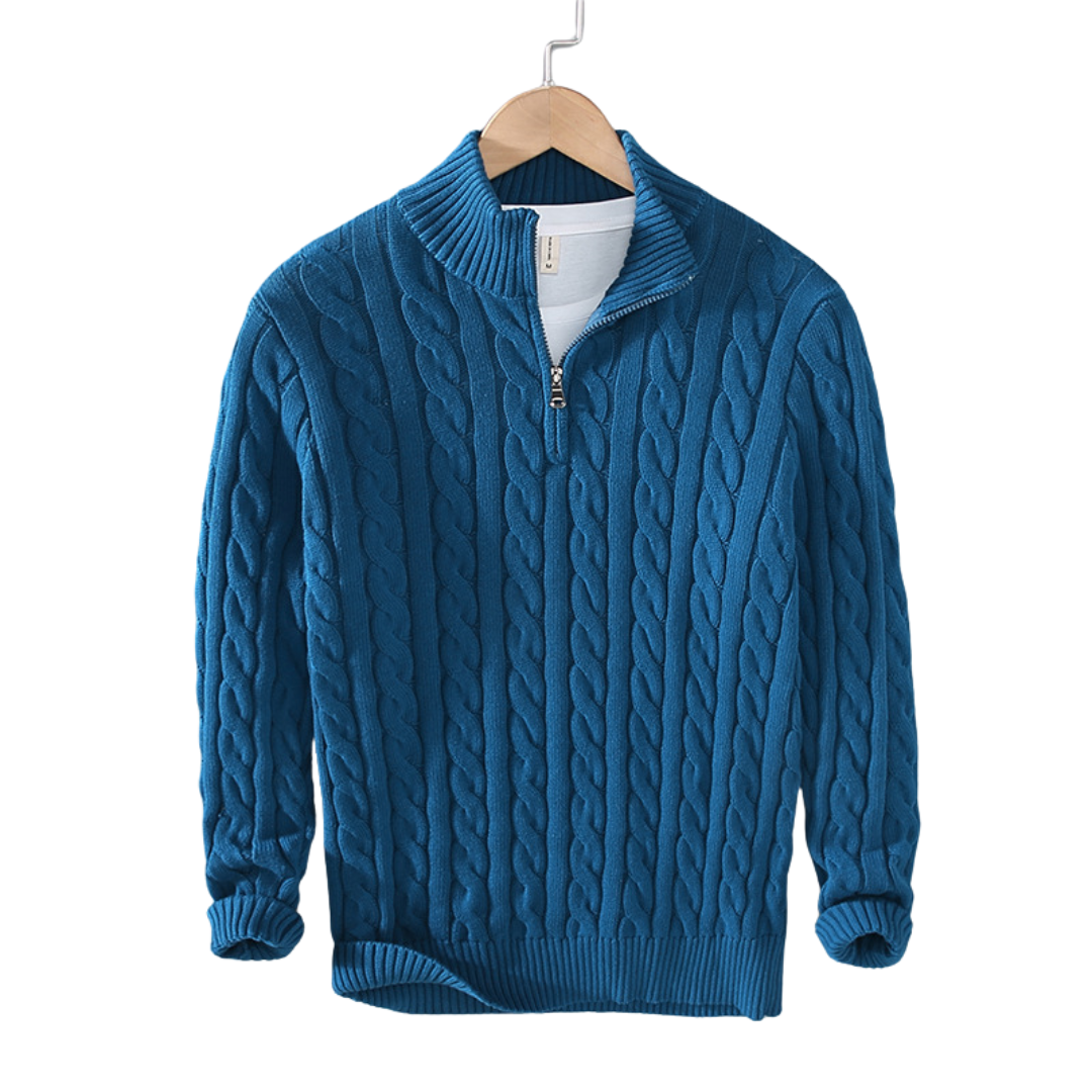 Elegant men's quarter zip cable knit sweater with stand collar. A warm pullover for stylish menswear.